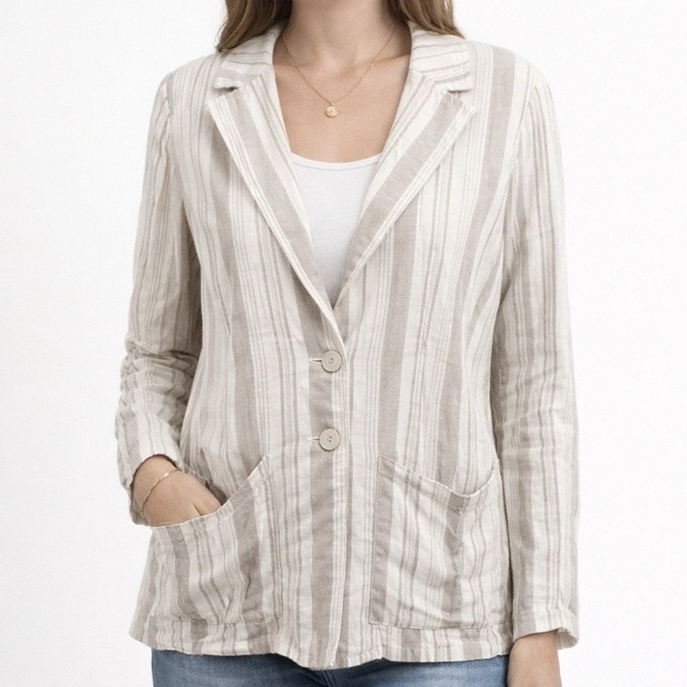 Torrid Quiet Luxury Light Academia Stripes Linen Blazer Jacket 1X 14-16 Taupe